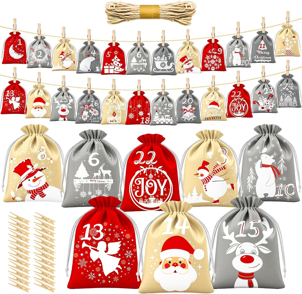 Adventskalender om te vullen - Samtzakken stoffen Adventskalender tassen zelf vullen voor kinderen, 24 grote Adventkalender stoffen zakjes DIY Adventskalender tassen, 2025 kerstzakjes