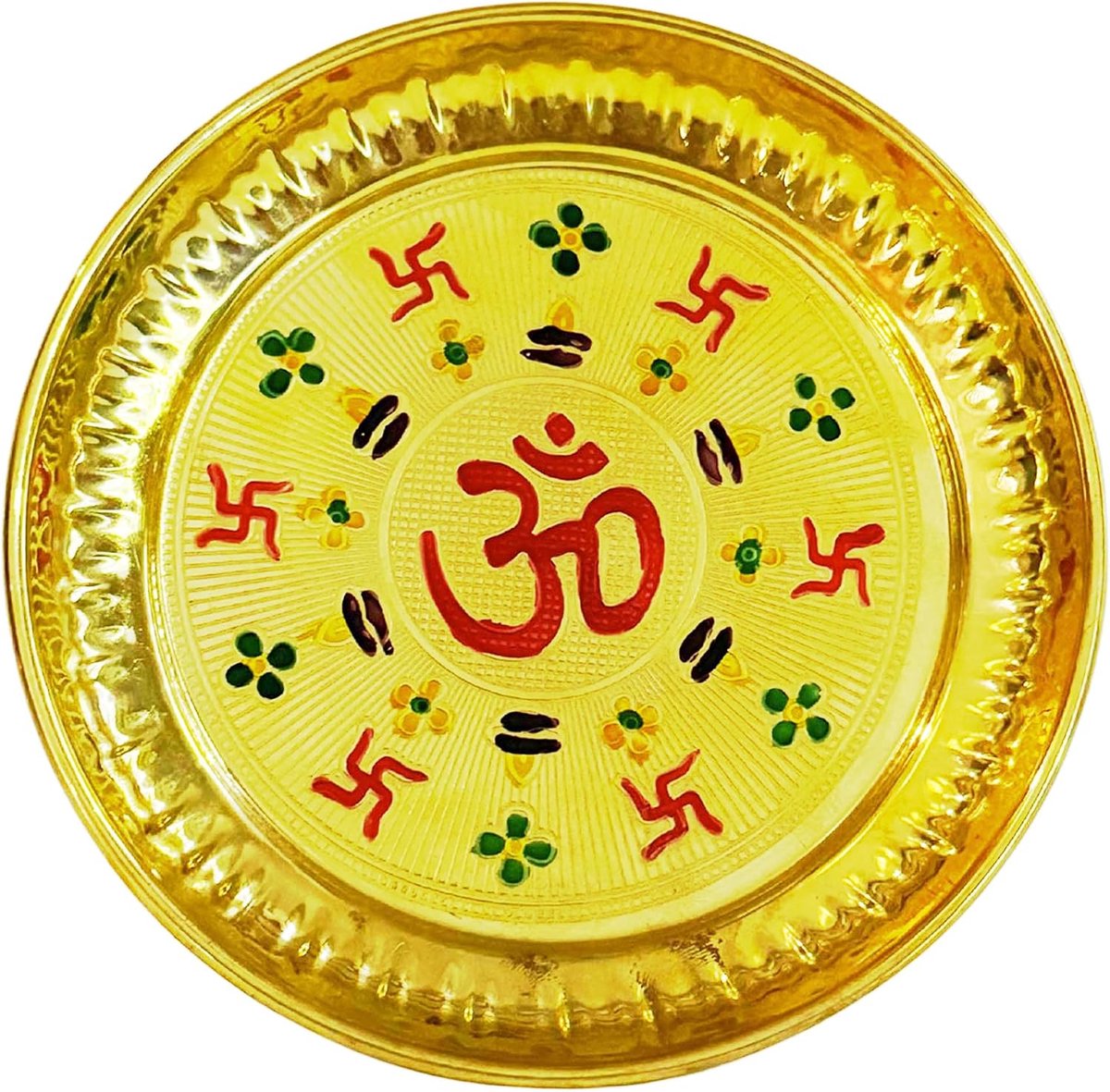 GENIE Armband Pooja Thali met Om en Swastik Design | 13 cm Decoratief Prayer Plate voor Rituals, Festivals, Temple Gebruik & Gifting | Ronde Handgemaakte Brass Aarti Thali