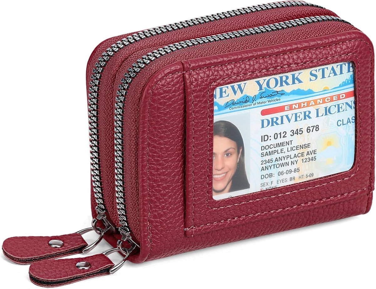 Creditcardhouder voor dames, portemonnee voor dames, kleine kaarthouder, etui, contant geld, muntvak, portemonnee, RFID-blokkering, kaartenetui met ritssluiting, wijnrood, piccolo, Modern