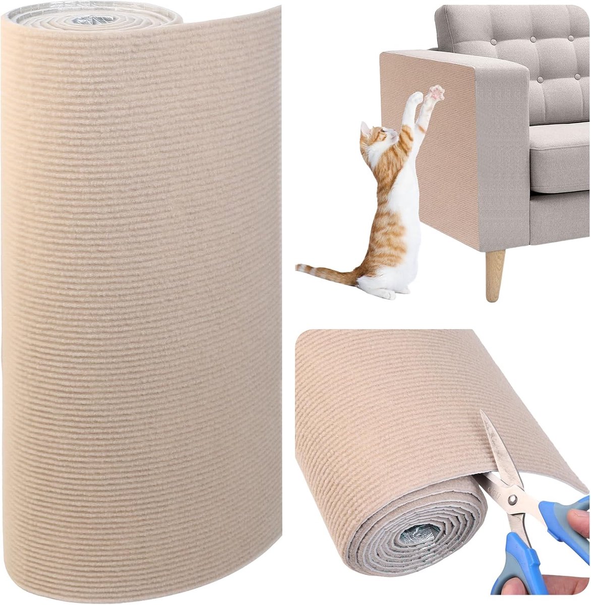 Krabmat voor katten, zelfklevend, kattenwand, doe-het-zelf trimbare krabwand voor katten, bank, krasbescherming voor meubels, beschermt meubels (40 x 200 cm, kaki)