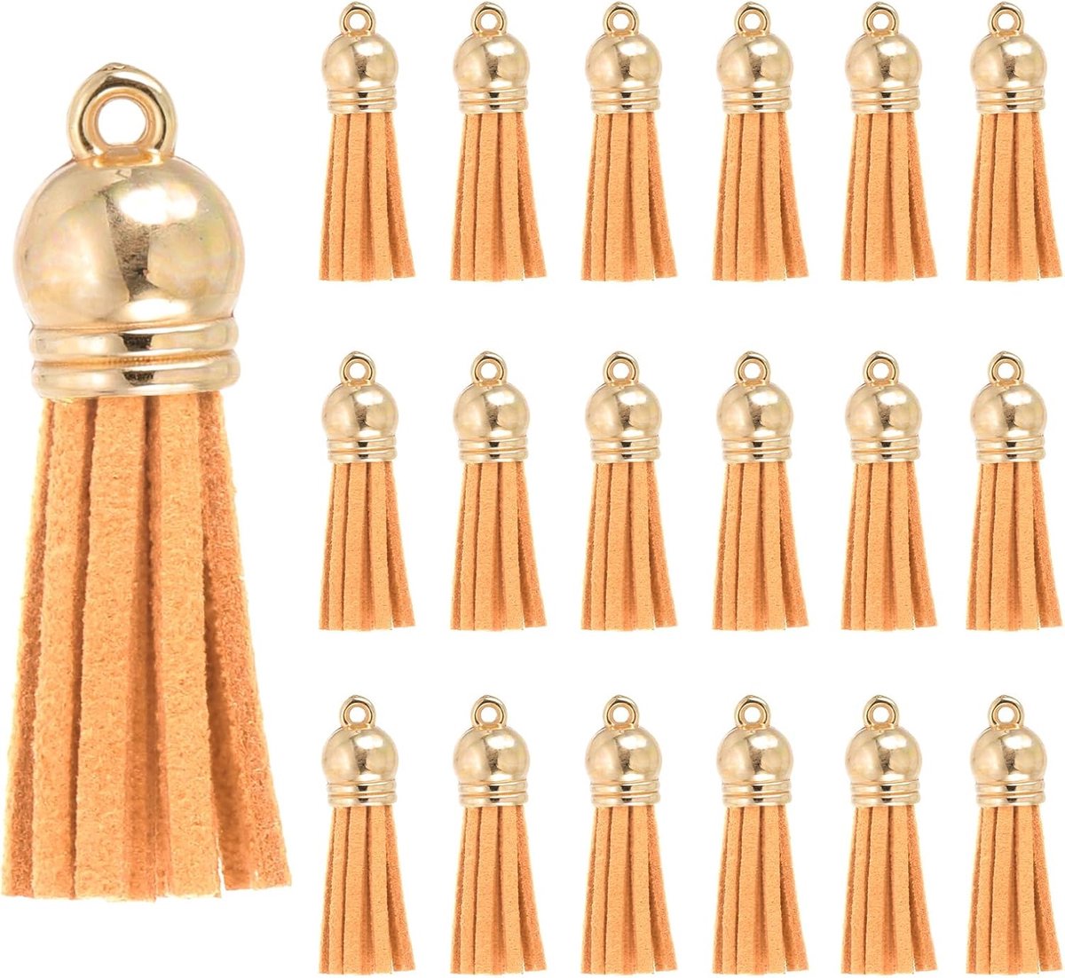 Kwastjes, 100 Stks Faux Lederen Suède Kwastje Sleutelhanger Charm Bulk met Gouden Cap voor DIY Craft Decor Handtassen Armbanden Sieraden Maken Sleutelhanger, Oranje