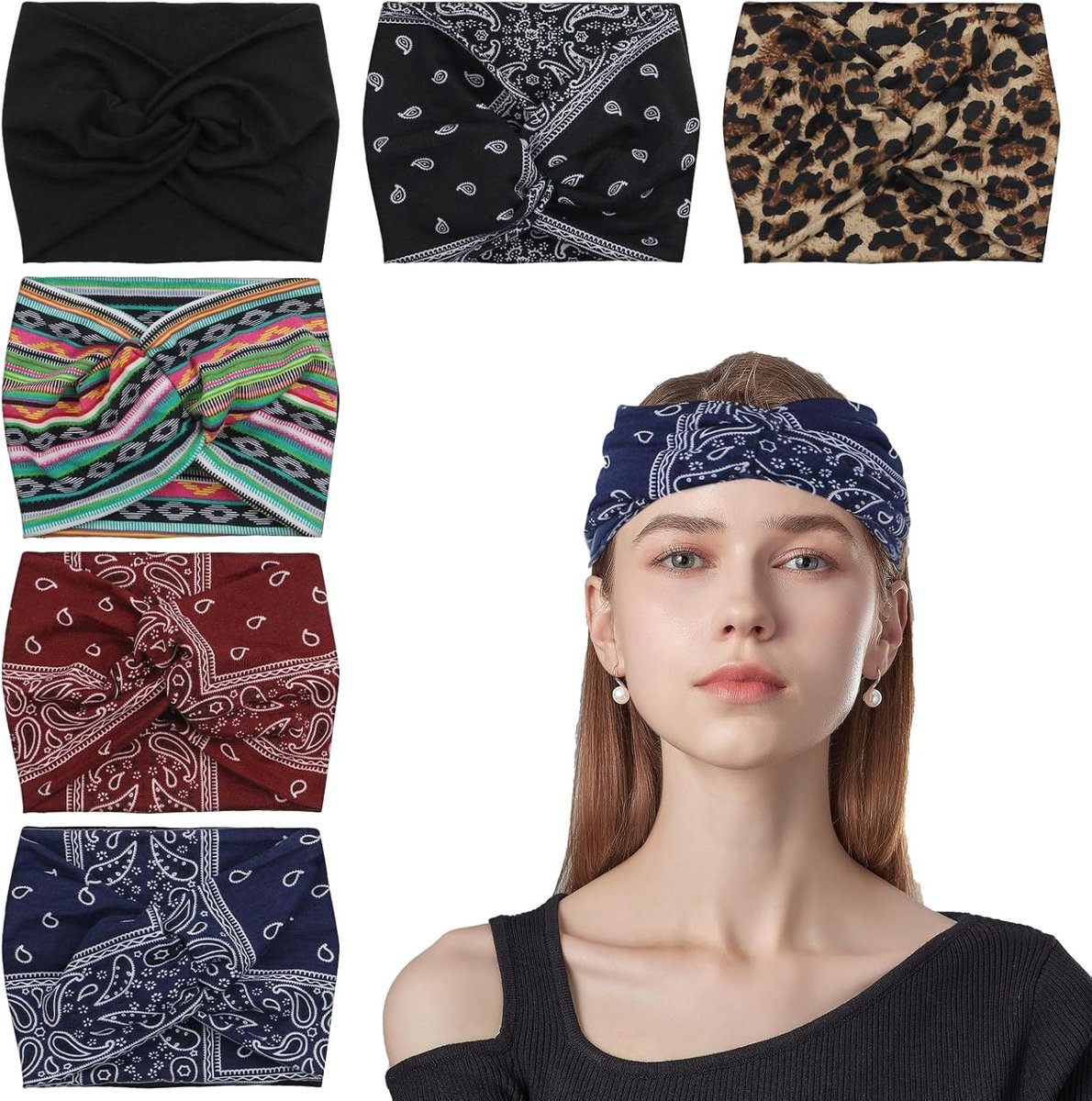 6 stuks Haarband voor dames, zachte boho hoofdband, elastische haarband voor yoga, hardlopen en fitness (18 cm breed)