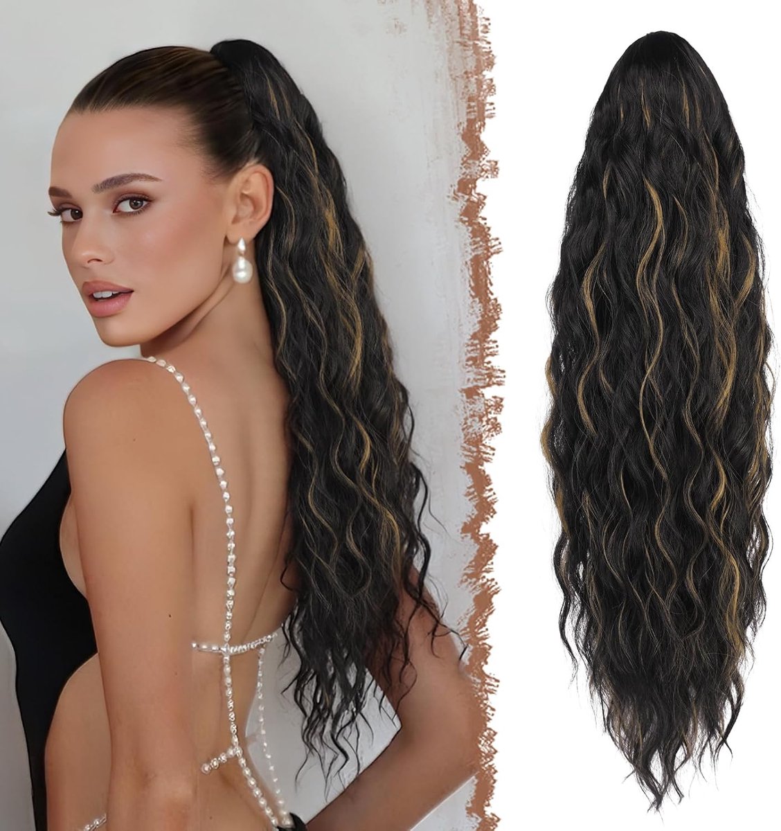 Paardenstaart Extensions met Koord Lang Krullend Golvend Haarextensies Ponytail Extensions Synthetische Haarstukken Trekkoord Haarverlenging voor Vrouwen, 65 cm Zwart Gehighlight Karamel