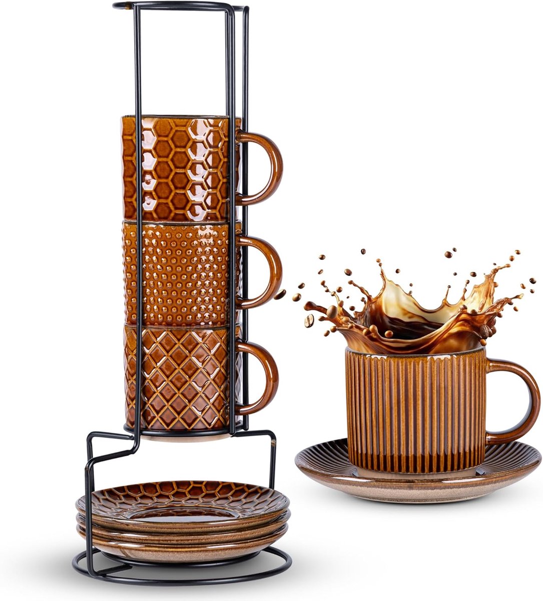220 ml stapelbare koffiekopjes en schoteltjes met standaard, keramische koffiekopjes met structuurpatronen voor man, vrouw, vader, moeder, set van 4 kopjes voor latte / cappuccino / cacao