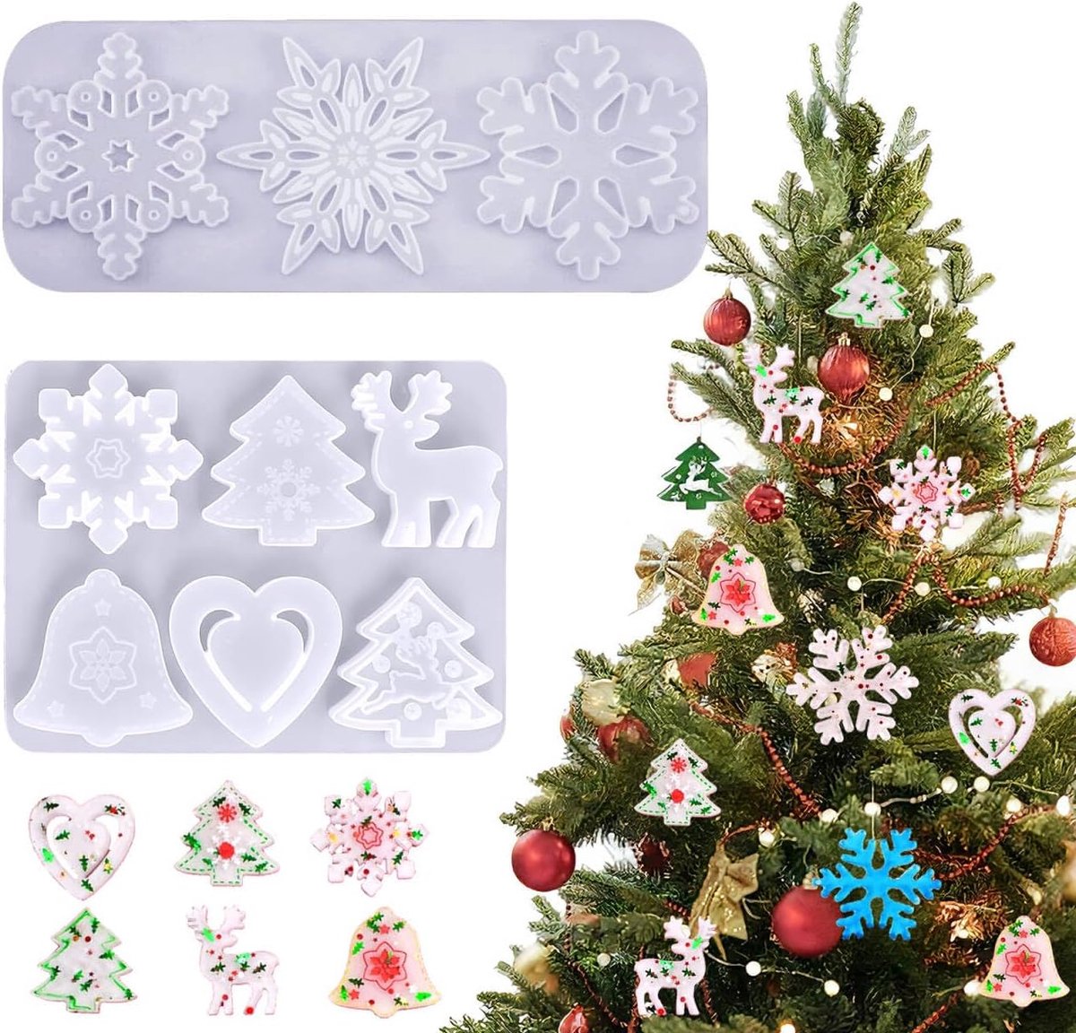 2 stuks siliconen gietvormen Kerstmis hars set, siliconen vormen gietvormen Kerstmis epoxyhars mallen kaarsen gips, gietvorm zeepvormen siliconen kinderen sneeuwvlok dennenboom eland rendier