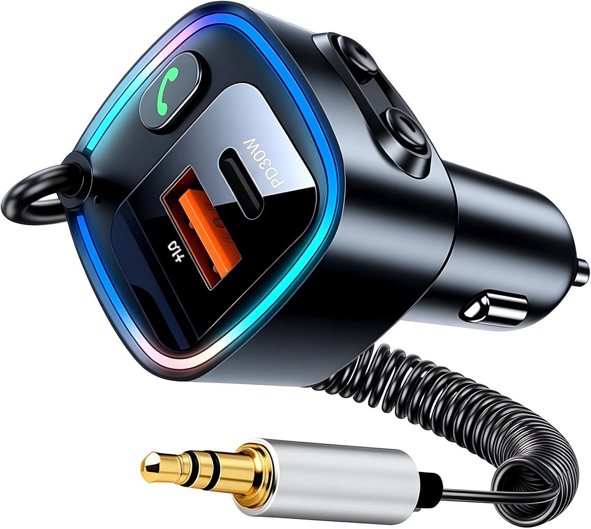 Bluetooth-ontvanger voor de auto, Aux 5,4, 3,5 mm AUX-aansluiting, snel opladen 42 W (PD 30 W & QC 12 W), ondersteunt handsfree bellen, Hi-Fi RGB-muziek, ledlicht, compatibel met smartphone en auto