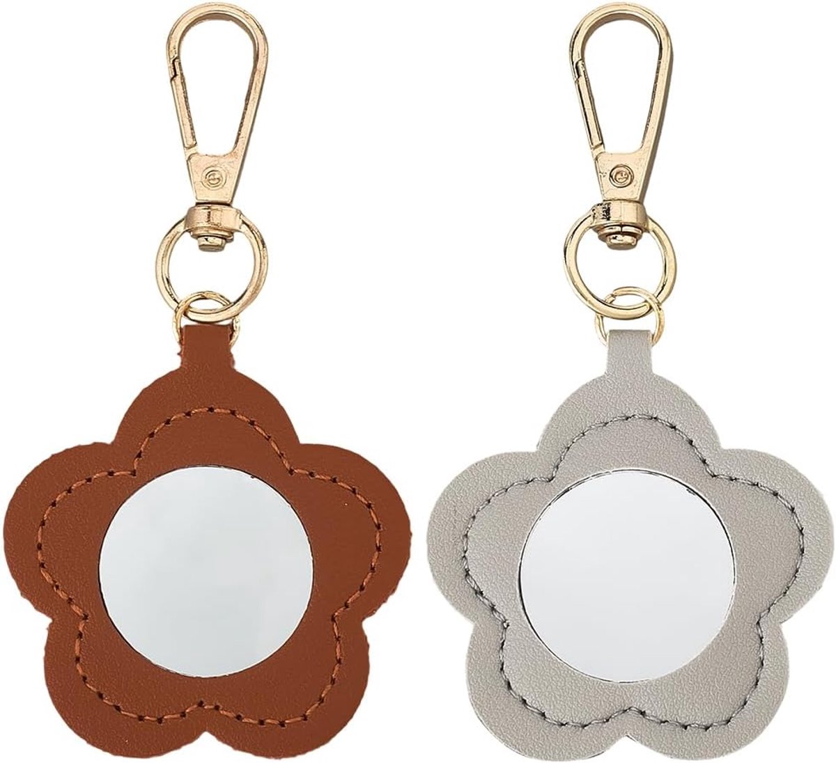 Sleutelhanger van PU-leer, tweekleurig, met bloemenpatroon, make-upspiegel, draagbaar, bloemenhanger, mini-sleutelhanger, organizer voor handtas, hanger (zwart en wit)