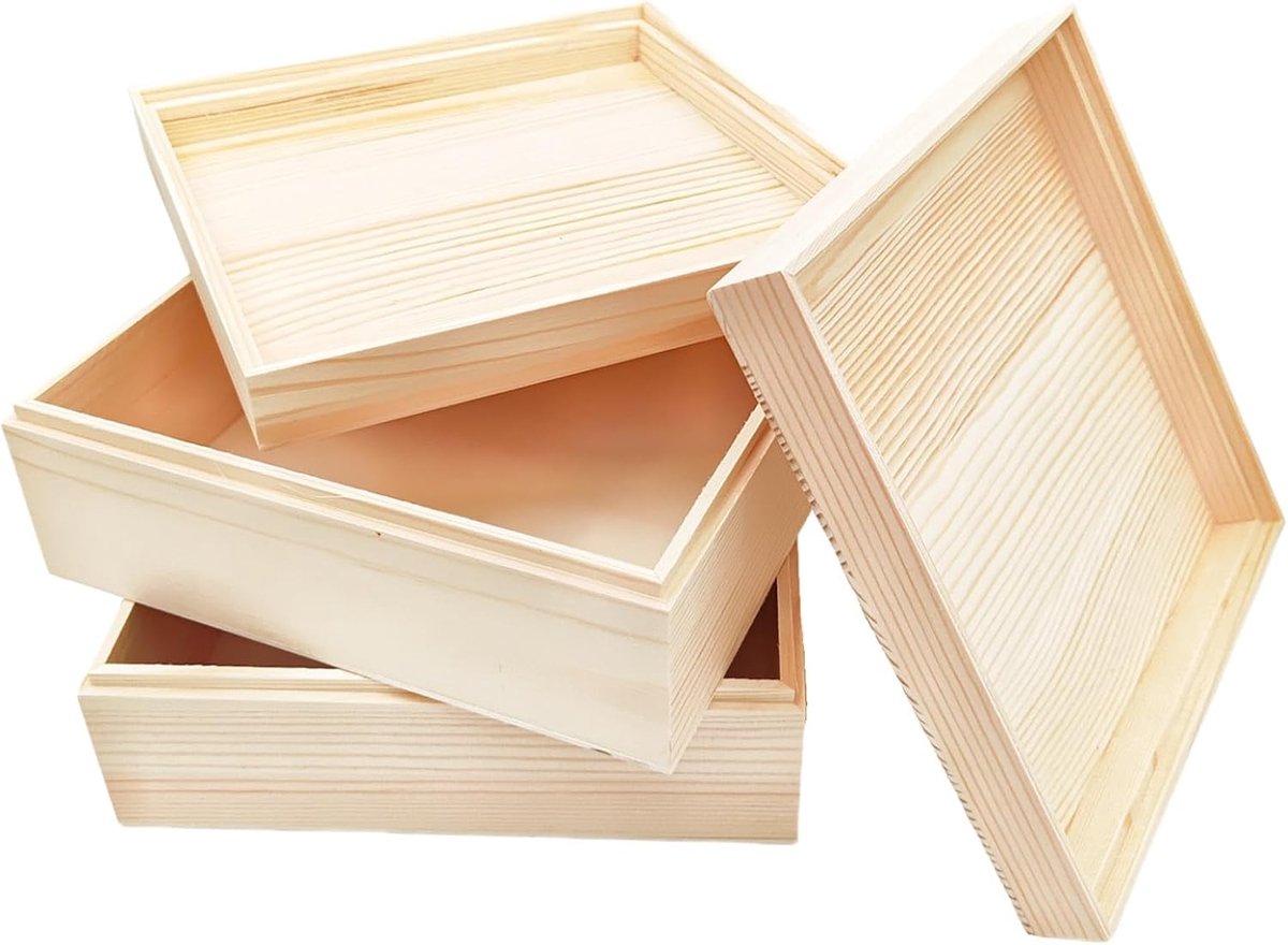 2 stuks onafgewerkte houten opbergdoos met bovendeksel, houten dennenkist doe-het-zelf ambachtelijke opbergdozen voor kunst, hobby's en thuisopslag (20 x 20 x 8 cm)