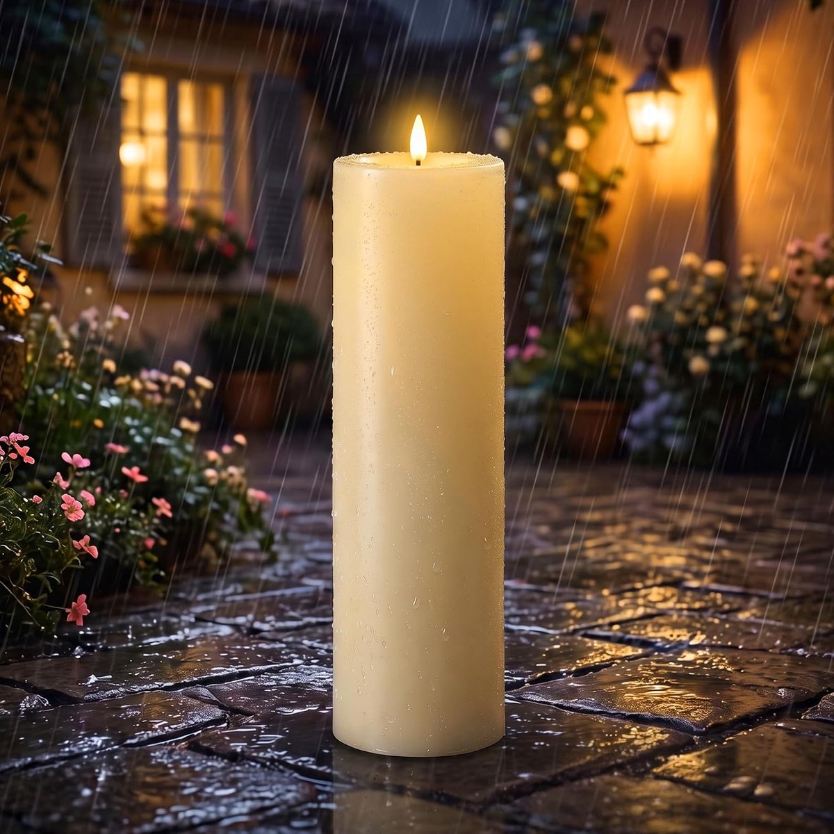 Led-kaarsen met timerfunctie, diameter 10 x hoogte 35 cm, flikkerende vlam, met afstandsbediening, waterdichte batterij, decoratieve kaars voor buiten, groot, voor Kerstmis (ivoor, zonder