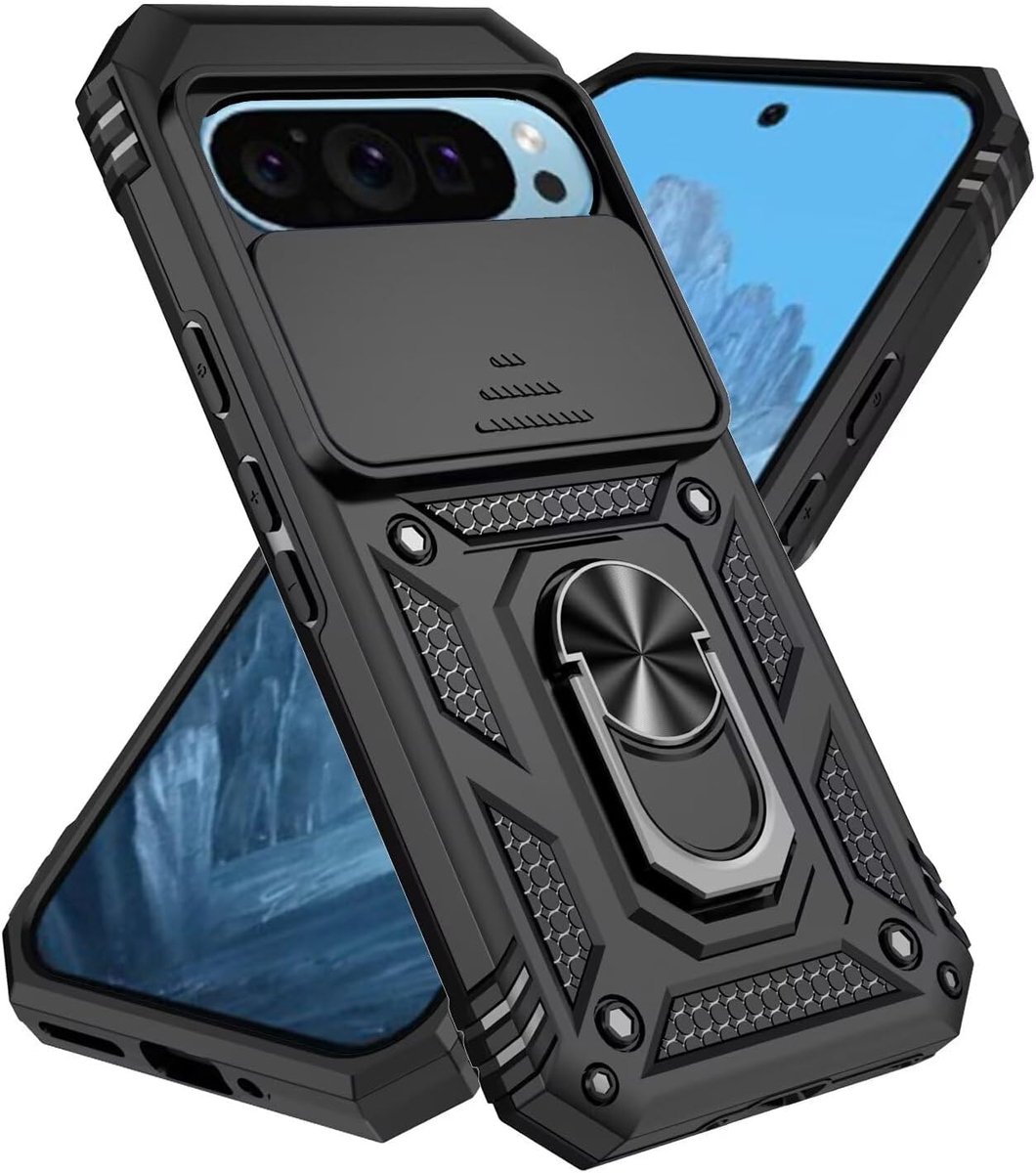 Hoes voor Google Pixel 10 Pro XL telefoonhoesje,Camerabescherming met Slide Camera Cover,Draaibare Ring Kickstand,Military Armor Shockproof Case,Zwart