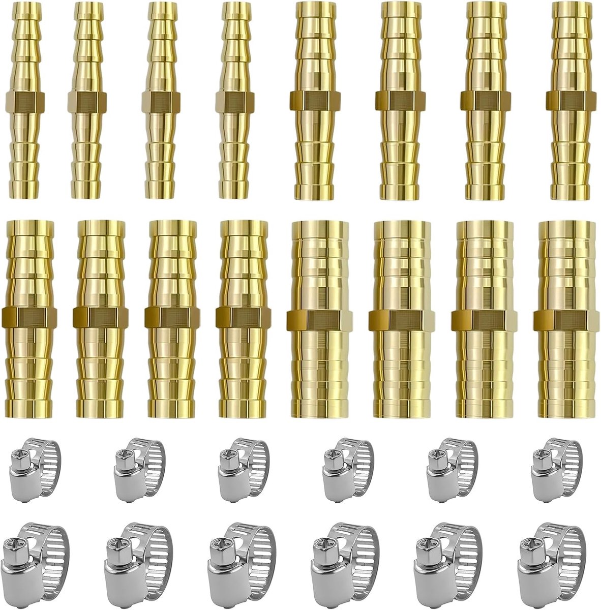 16 stuks messing slangverbinders, slangconnectorset, wegwerp-slangreductie, met 12 stuks slangklemmen in 2 maten, voor wasmachine, balkon, toilet, tuin (6/8/10/12 mm)