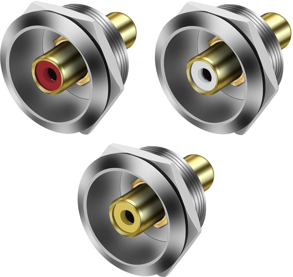 Set van 3 RCA-paneelmontageconnectoren, RCA-vrouw naar vrouw, ronde adapter, ingebouwde draad, vast, voor audioluidspreker, video, phono, versterker (zilver)