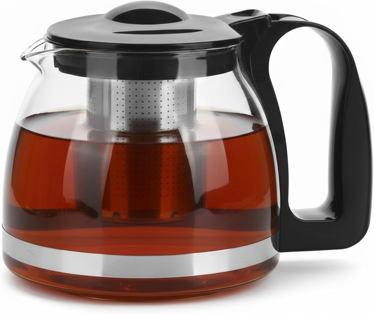 Theepot glas – met roestvrijstalen theezeef, sodaglas, zwarte handgreep, vaatwasmachinebestendig, voor losse thee, druppelvrije schenktuit (1500 ml)