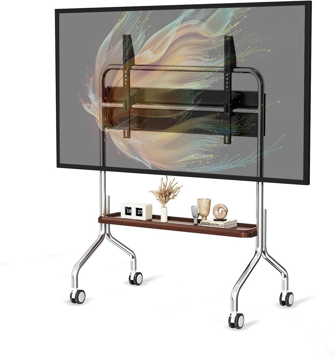 tv-kar ezel rollende tv-standaard voor 32 tot 75 inch LCD LED OLED flatpanel schermen, roestvrij staal met wielen 110 lbs Max VESA 600x400mm (enkellaags houten opbergplank, met gatplatform)