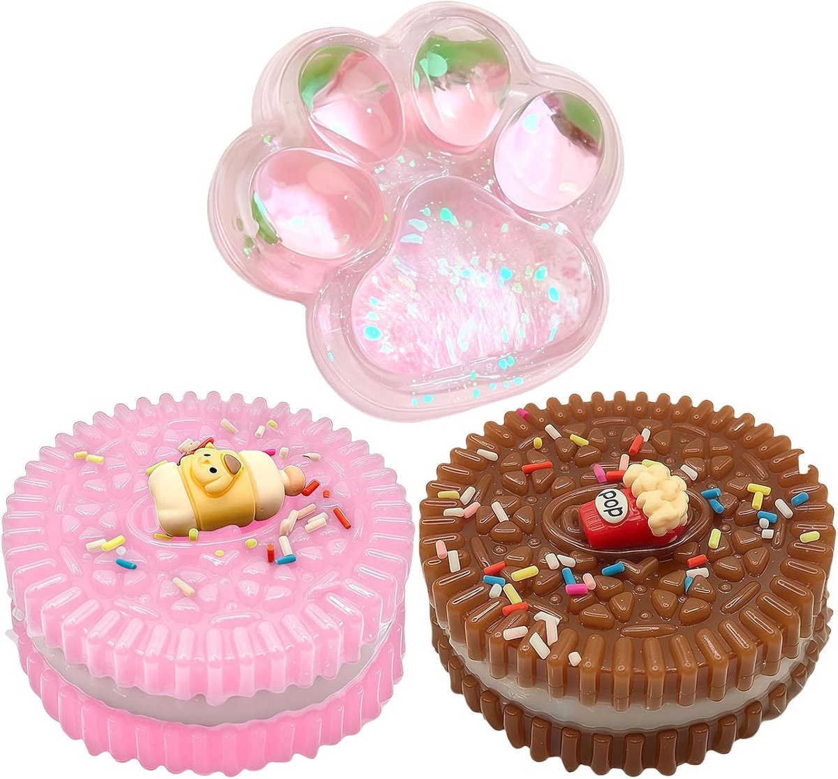 Squishy Kawaii Anti-stress-speelgoed, set van 3 schattige squishies, kattenpoot, kristal, koekje, speelgoed, sensorisch cadeau voor kinderen en volwassenen
