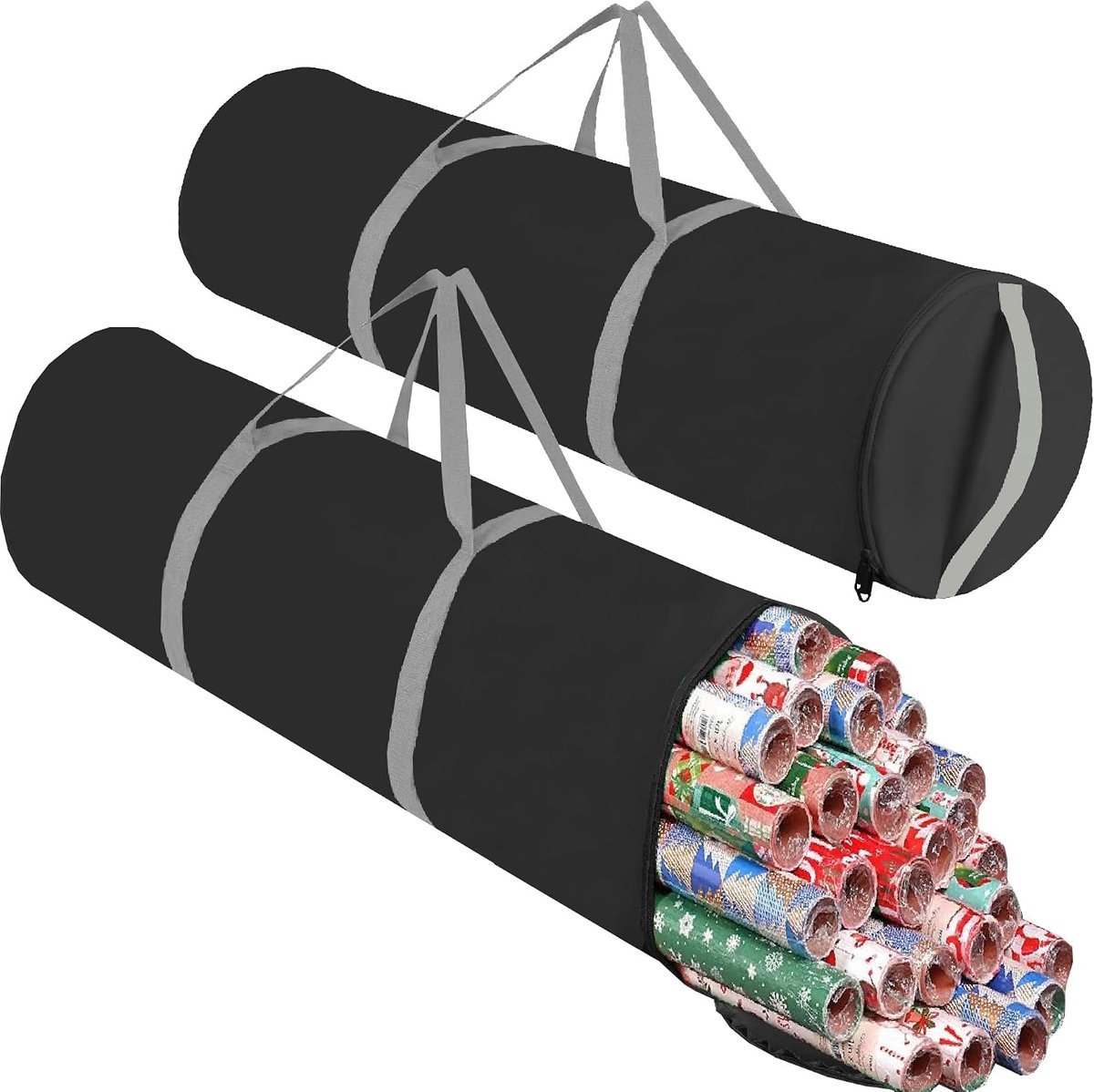 Opbergtas van verpakkingspapier, organizer voor cadeaupapier met handgrepen en ritssluiting, voor 25 rollen met sectie voor het opbergen van linten, cadeaulabels, (zwart)