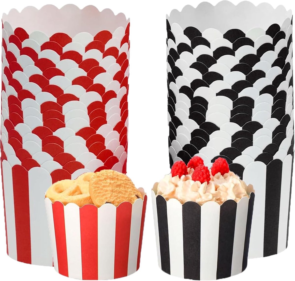 muffinvormpjes, papieren cupcakevormpjes, 100 stuks, strepen, bakpapierbekers, muffins, bakbekers, cupcake-gadgets voor bruiloften, verjaardagen, snoep en taartfeesten, zwart en rood