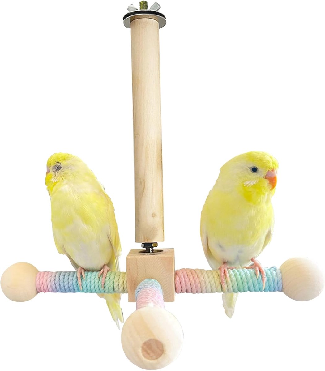 Speelgoed, carrousel, zitstokken voor parkieten, papegaai, vogelspeelplaats, hangende speelstandaard voor vogelkooien (houtkleur, M)