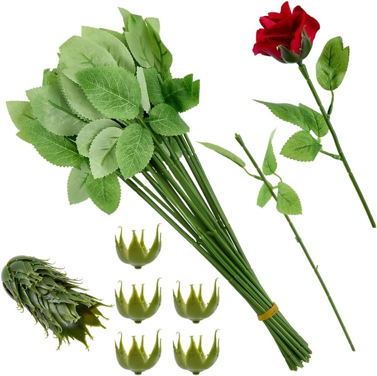 20 stuks rozenstelen met bladeren en 20 stuks bloemkelken set plastic kunstbloem draad doe-het-zelf ambachtelijke boeket bloem kelkblaadjes voor bloemschikking boeket maken bruiloft feest