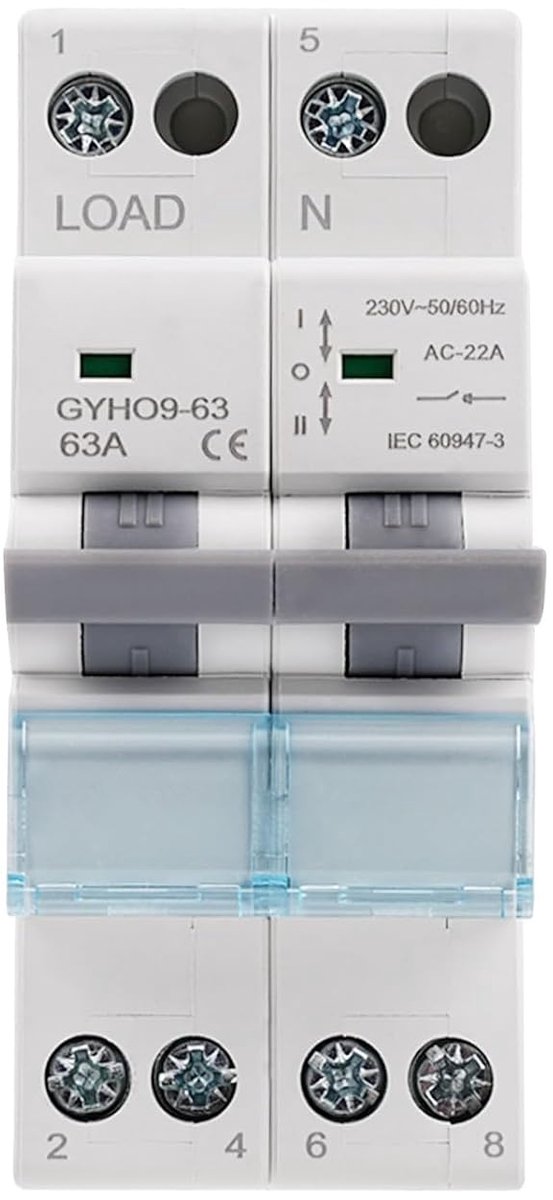 Omschakelaar 63A 2P Dual Power Transferschakelaar Handmatige Transfer Schakelaar 230VAC Met Stroomindicatielampje DIN-rail Montage