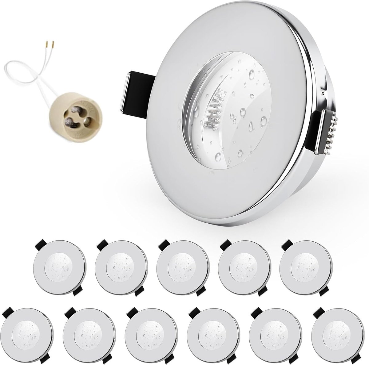 12 x Led-inbouwspot IP65 inclusief GU10 houder, draaibaar LED-spot, ijzer, Chroom, badkamer inbouwrames, rond vlak, inbouwspots, gatmaat 68 mm voor buiten - binnengebieden