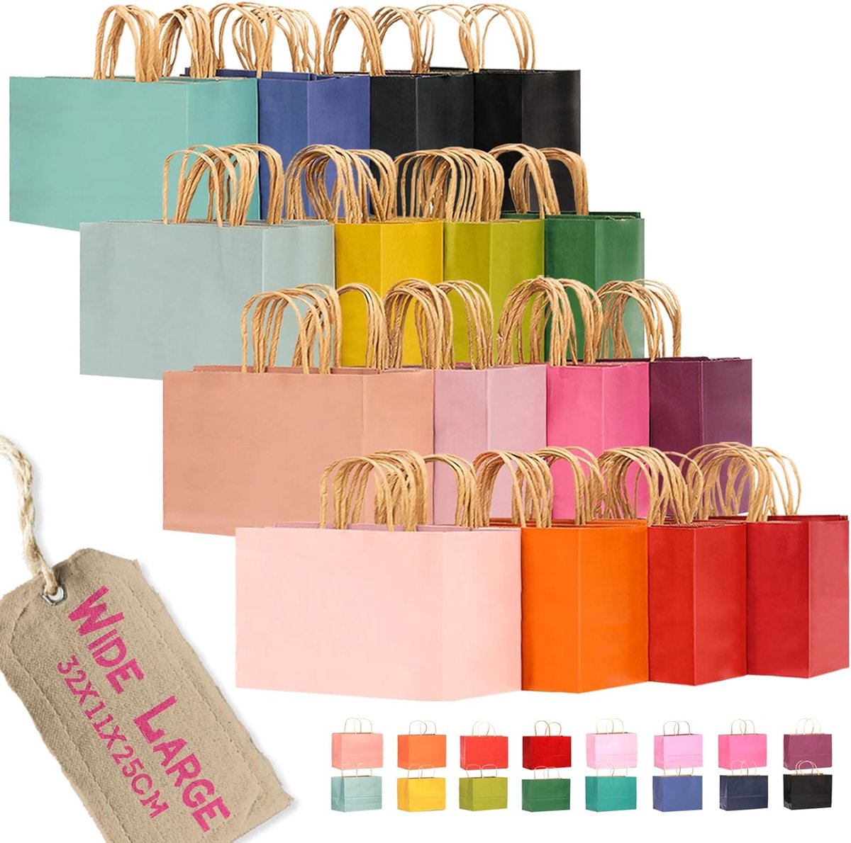 100 stuks brede grote cadeauzakjes van papier met handvatten–32 x 11 x 25,4 cm kleine feestzakjes van kraftpapier – 16 effen kleuren