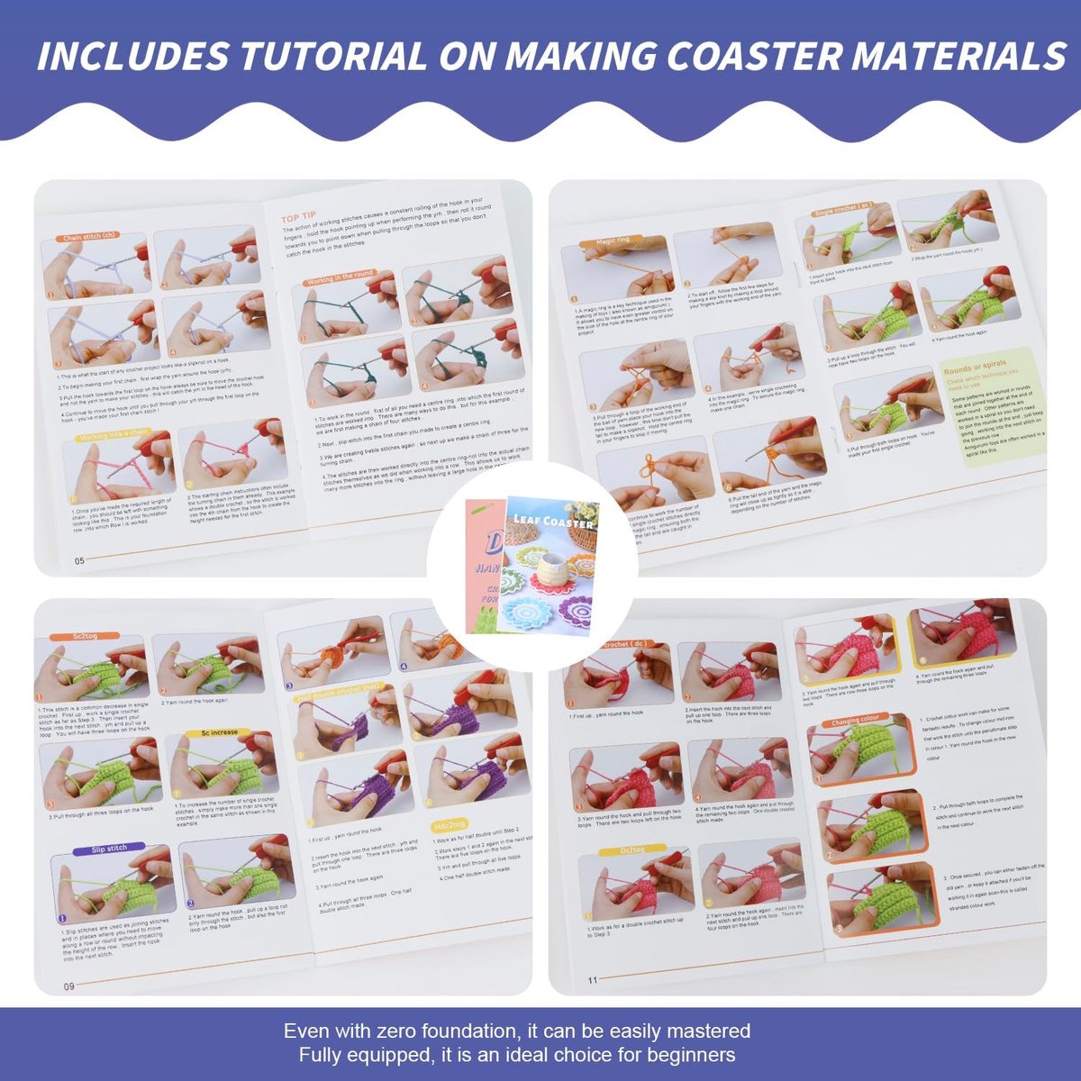 Haakset voor beginners, 6-delige haakset, ronde onderzetters, doe-het-zelf haakset voor beginners met handleiding, haakset voor volwassenen en kinderen, breiset, cadeau voor decoratie-ideeën voor de