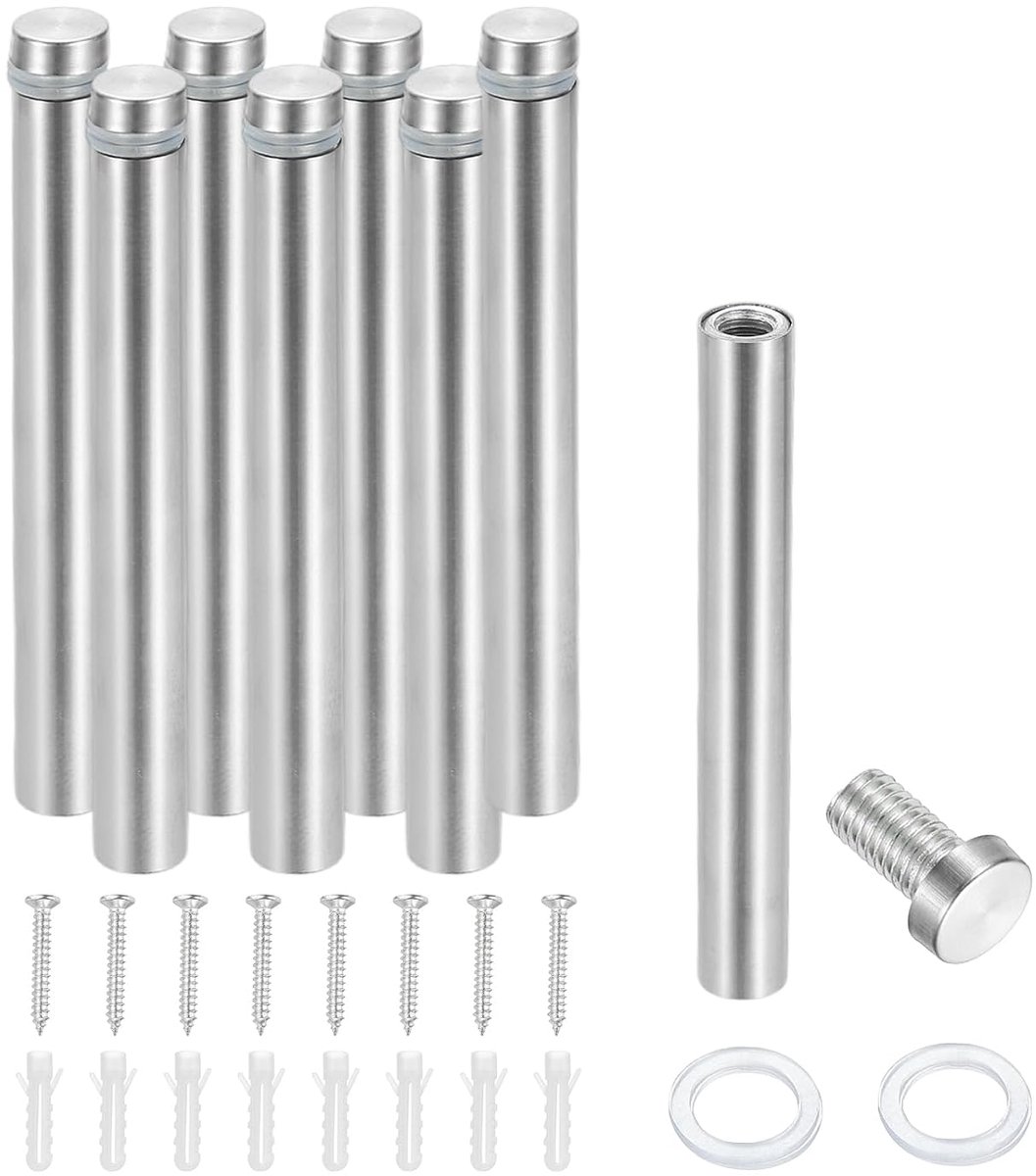 Schroeven, 8 stuks roestvrijstalen wandmontage bord afstandhouders montagehardware reclame spijker voor opknoping acryl fotolijst, zilver