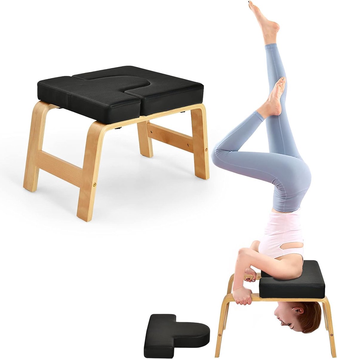 yoga-stoel met massief houten frame en afneembaar PU-kussen, balanstrainingsapparaat en poster met oefeningen
