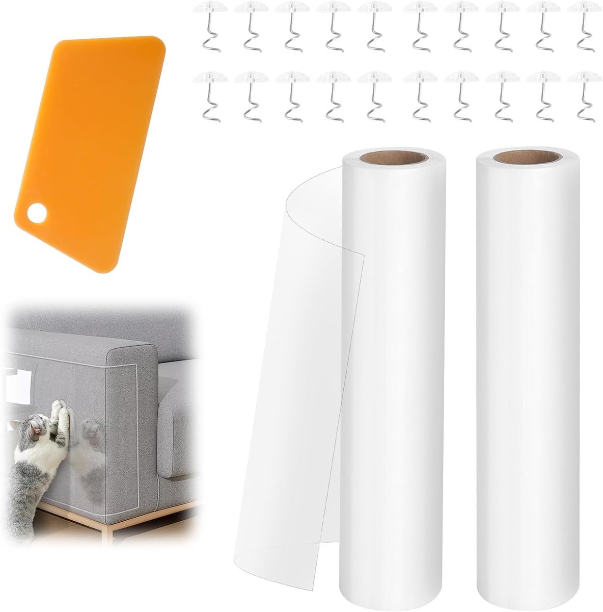 2 rollen krasbescherming bank kat met 20 stuks twist pins, 1 schraper, 20 cm x 3 m krasfolie katten zelfklevende anti-kras folie, meubelbeschermingsfolie, wandbeschermingsfolie, zelfklevend voor