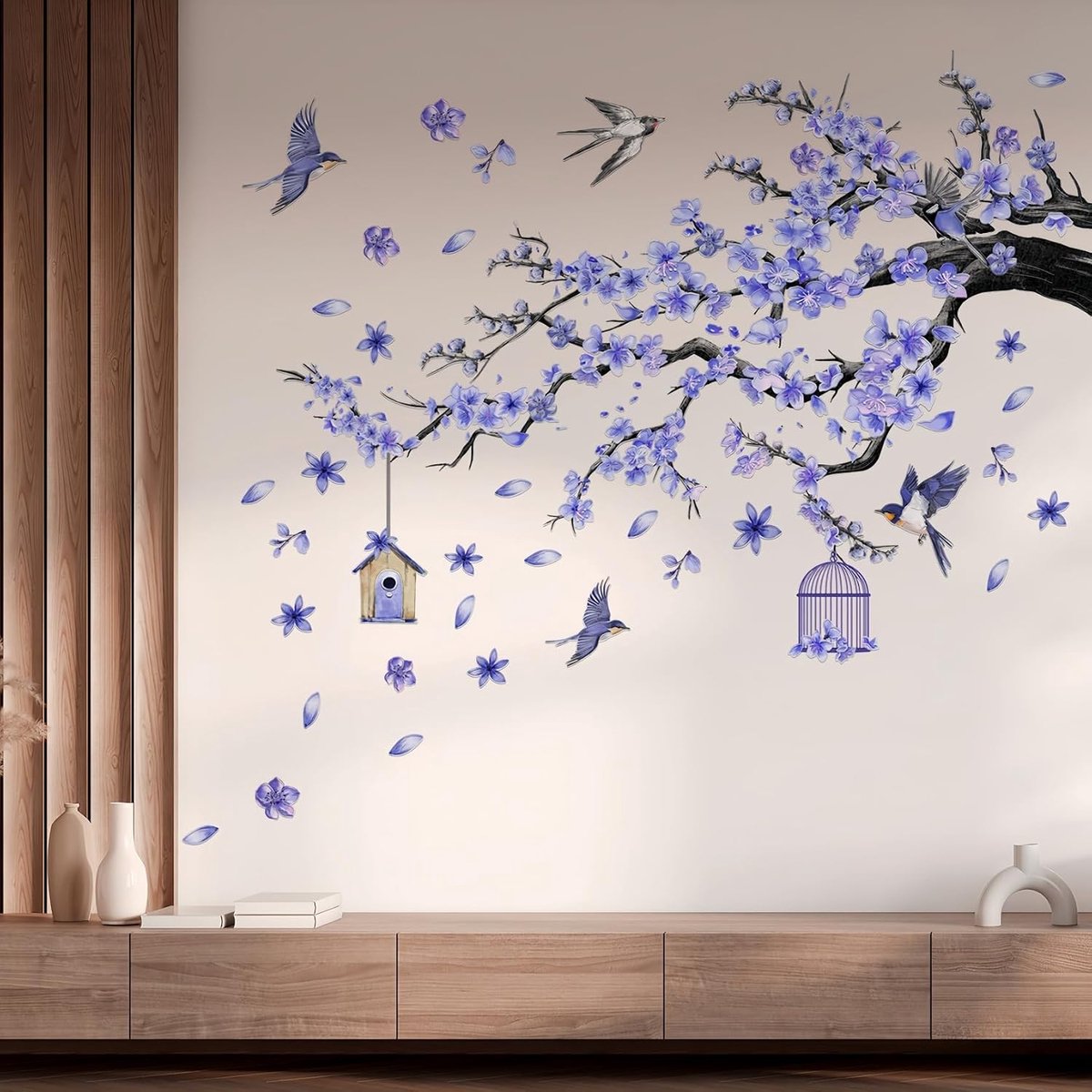 Muurstickers, verwijderbare vinyl muurstickers met vogelmotieven, paarse bloemen, kolibrie op een tak, bloemenmuurstickers, decoratie voor tuin, woonkamer, slaapkamer, tv