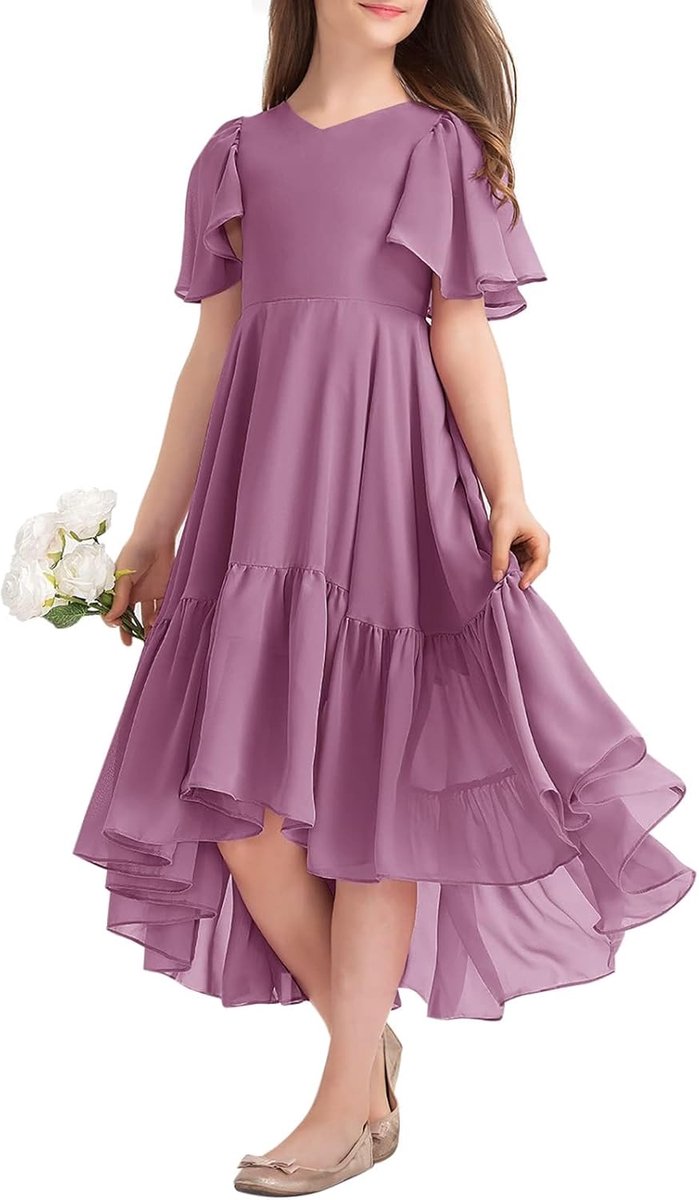 Zomerjurk voor meisjes, V-hals, ruches, casual, A-lijn, vloeiend, lang, lang, partyjurk, elegante lange avondjurk