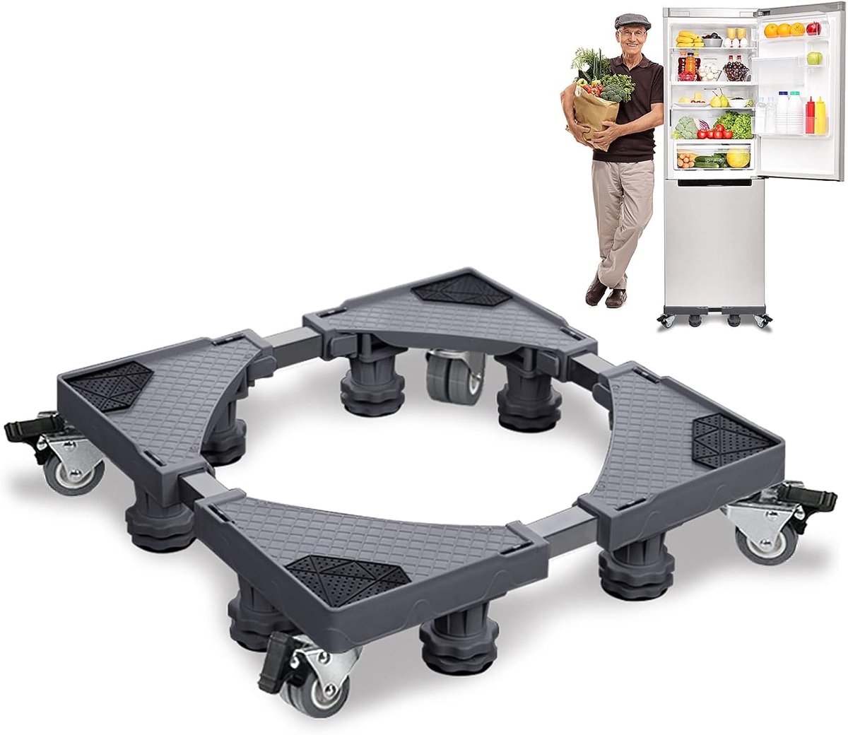 Verstelbaar wasmachine-onderstel 8 voet met rolwagen Beweegbare voetsteunen & frame voor wasmachine, droger, koelkast (grijs)