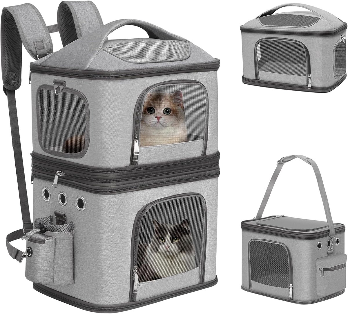 dubbele kattendrager voor 2 katten, opvouwbare huisdierrugzak met twee compartimenten voor 2 kleine honden, draagbare 2 kattendrager voor reizen, kamperen, wandelen, grijs