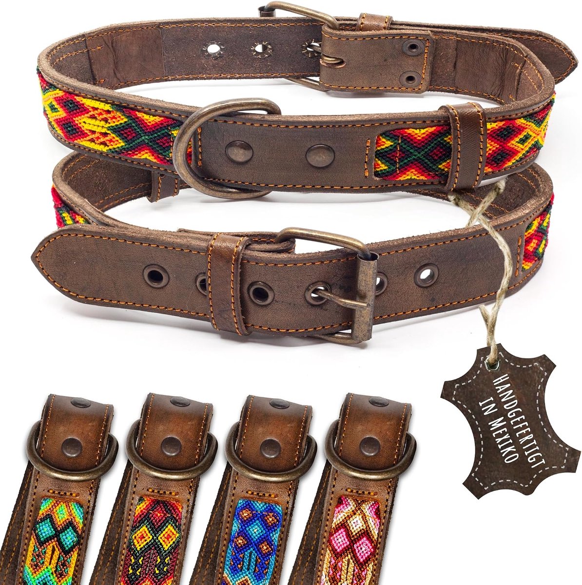 halsband voor honden, dubbel Tribal geborduurd, vuurrood-bruin, hoogwaardig afgewerkte hondenhalsband, handgemaakt in Mexico, maat L, halsband voor grote honden, breed leer