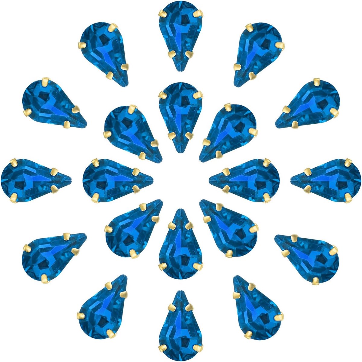 20 stuks druppelvormige strass-steentjes om te naaien, druppelvormige glaskristallen 13 x 8 mm, met platte achterkant in gouden klauwzetting (blauw)