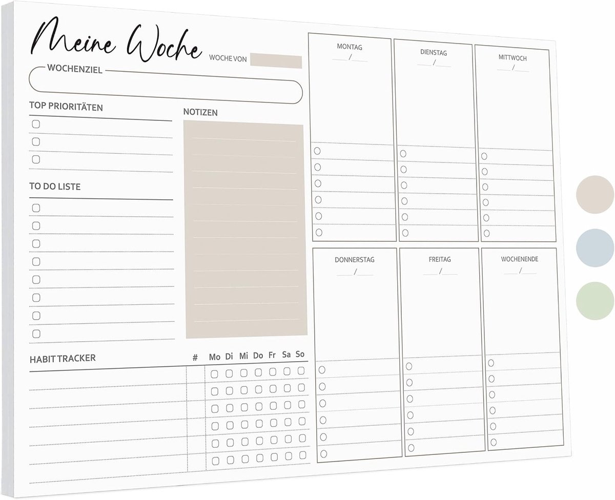 Weekplanner, blok A4, zonder vaste datum (50 pagina's), bureauonderlegger met Todo-lijst, weekkalender, weekplanner met weekoverzicht en habittracker voor afspraken, taken en notities