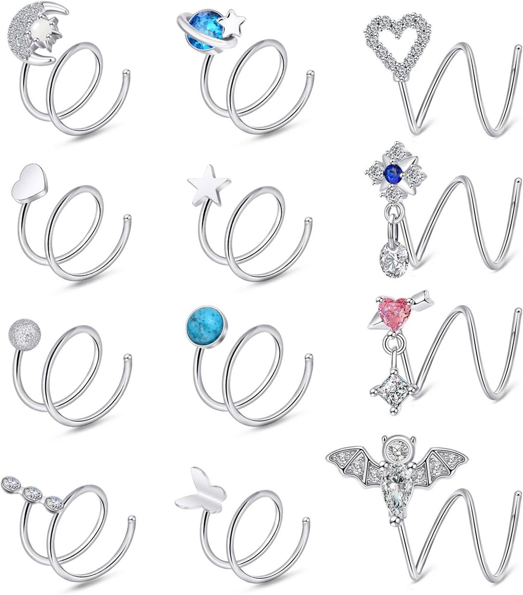 Neuspiercing voor vrouwen en mannen, roestvrij staal, 20 g, bungelende hoepels, spiraal, C-vormige neusring, CZ Nostril, lichaamspiercing, zwart, zilver, Zirkonia
