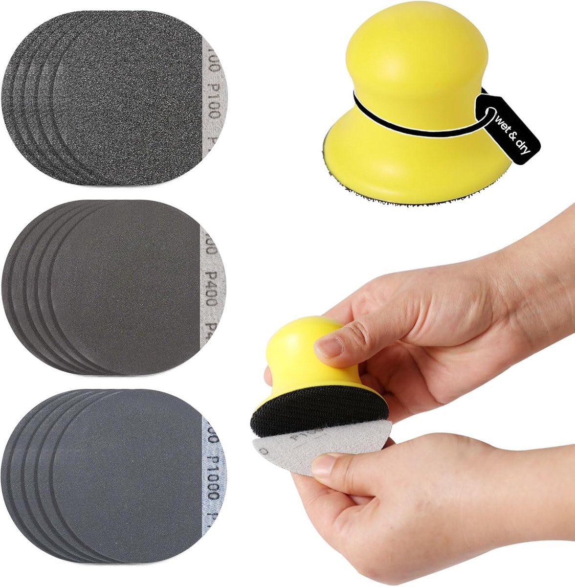 NICOLE Nat-droog handschuurblok voor Jesmonite beton terrazzo, ronde haken en lus, schuurmachine met korrel 100/400/1000 schuurpapier voor handwerk en polijsten (A0166+A0334+A0335+A0336)