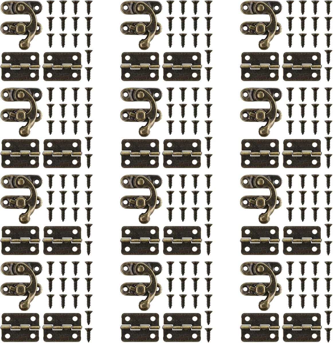Set van 36 antieke vergrendelingshaken, 12 vergrendelingshaken, hangslot + 24 kleine scharnieren met schroeven, voor juwelendoos, houten kist