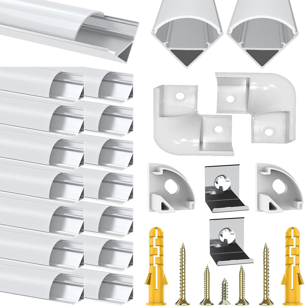 Ledstrips/strips, 15 x 1 m, V-vorm, kanaal, aluminium profiel, strip rail, diffuser met melkachtige witte afdekking, montageclips en 45 graden hoekverbindingen