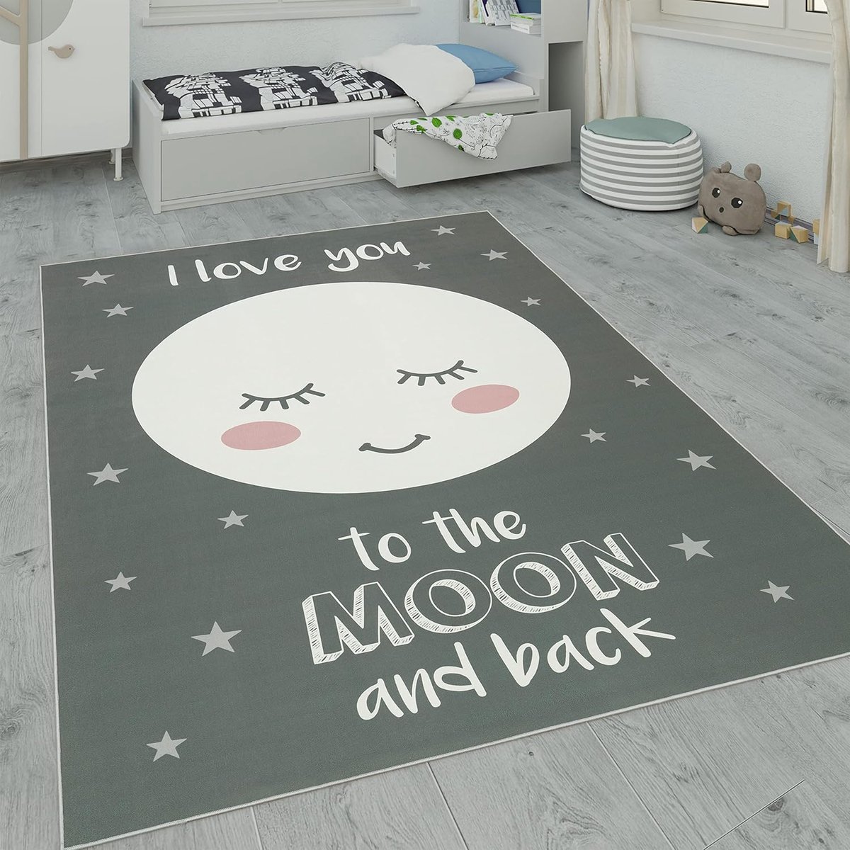 Home Kindervloerkleed, Kindertijd Met Ster, Maan En Ruitmotieven, Maat:80x150 cm, Kleur:Grijs 2