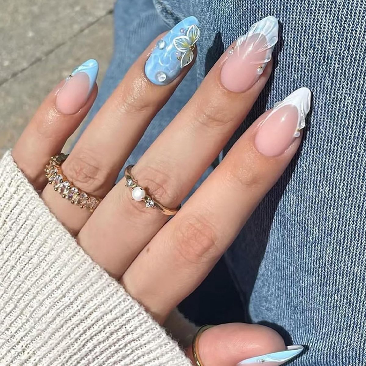 24 stuks kunstnagels, medium amandel, Frans blauw, 12 maten, volledige afdekking, plakbare nagels voor vrouwen en meisjes, schelpen en golven