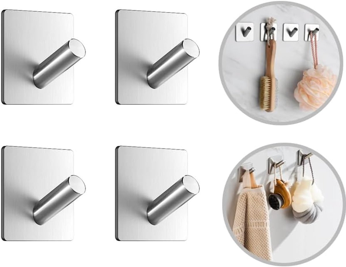 handdoekhaken, 304 roestvrij staal, badjashaken, wandhaken, badkamer en keuken, handdoekhouder, kledinghaken, zonder boren, zelfklevende haken, roestvrij staal, 4 stuks, zilver
