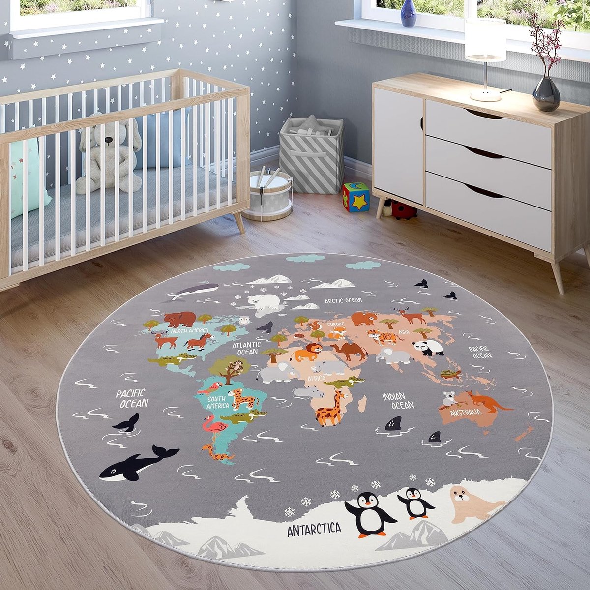 Home Vloerkleden Voor Kinderen Laagpolige Vloerkleden Voor Kinderkamer Met Versch. Designs Speelvloerkleden Meerkleurig, Maat:Ø 160 cm rondje, Kleur:Grijs 3