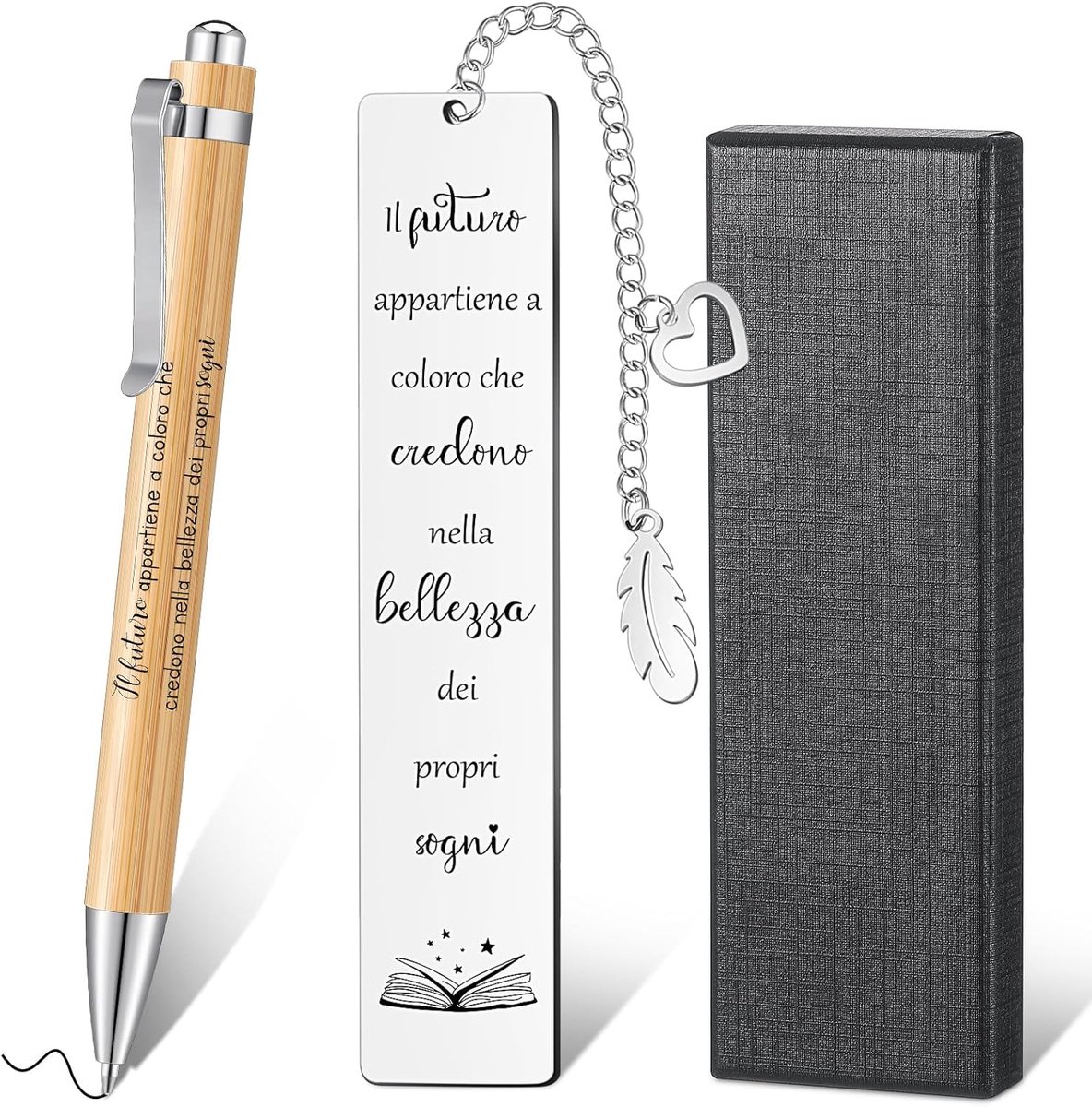 Set van 3 stuks afstudeergeschenken, 1 metalen bladwijzer met 1 zwarte geschenkdoos en 1 houten stift, bladwijzer van roestvrij staal met motiverende zinnen voor leraren, collega's