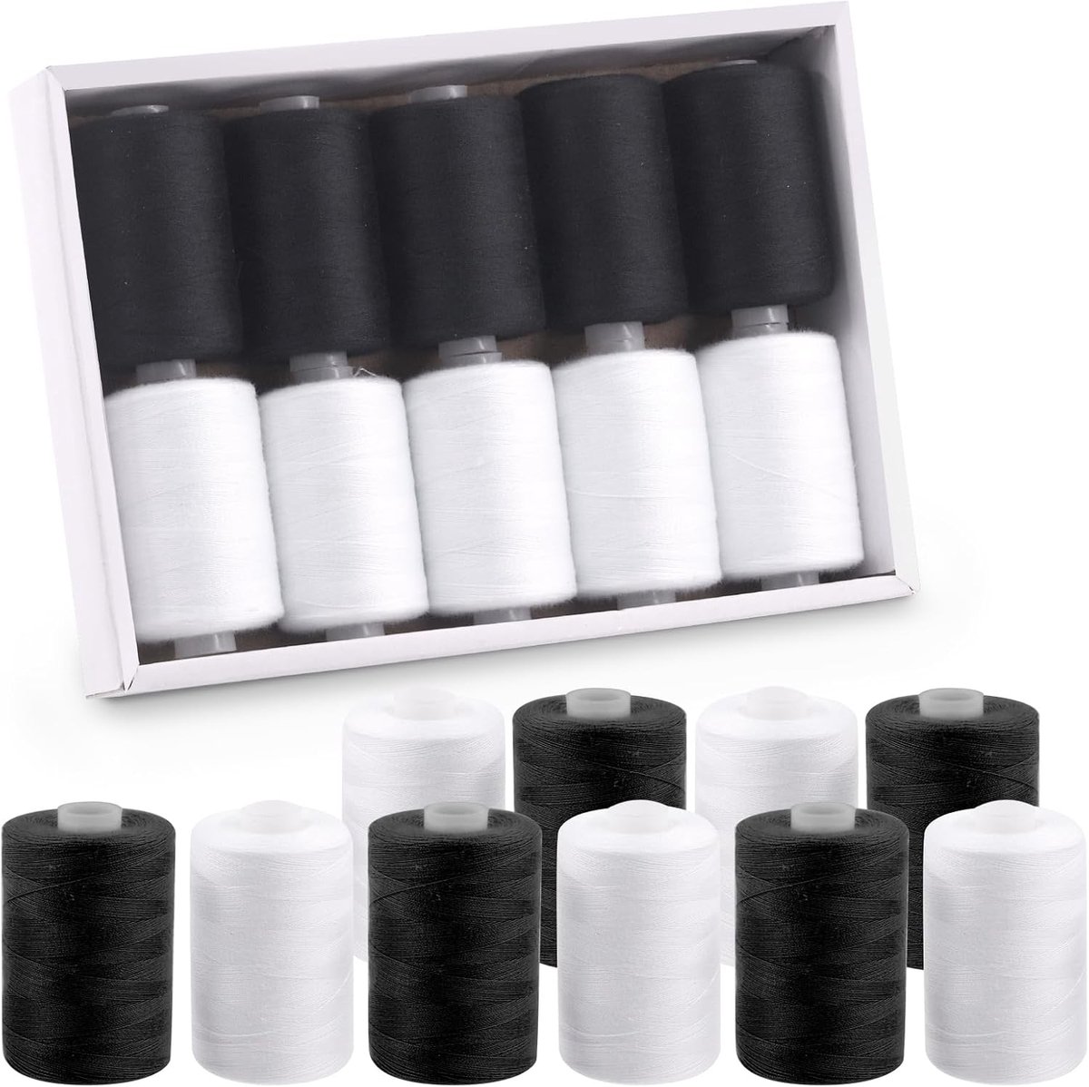 Polyester draden 10 stuks 1000 yards zwart wit 2-kleuren multifunctionele draden met naainaalden kit, handige polyester naaigaren borduurgaren, handnaainaaldset voor handwerkliefhebbers
