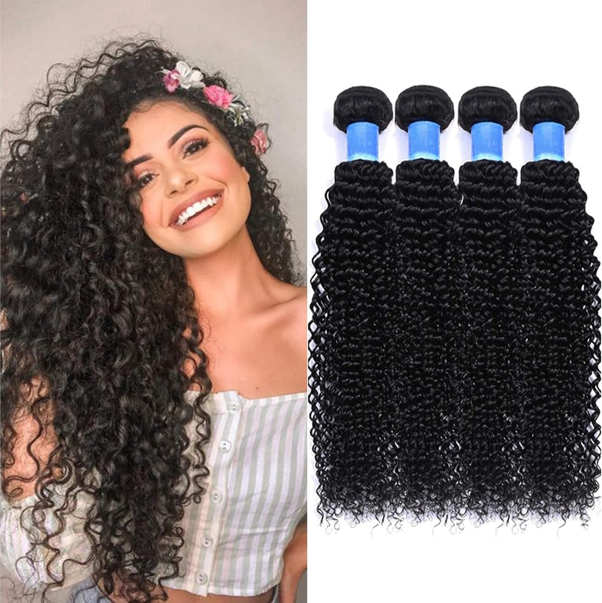 - 4 Braziliaanse haarbundels,Deep Curly,50g/bundel, 200 g in totaal,26 inch(66.04cm), echt haar, steil, haarverlenging 8A