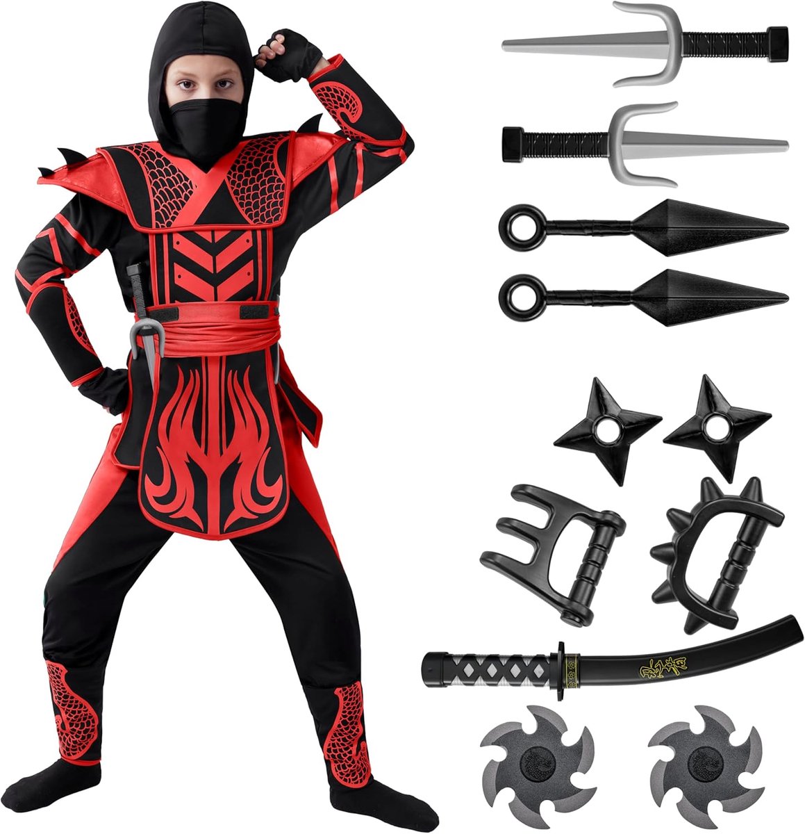 Creations Rood-zwart Halloween Warrior Ninja Kostuum voor jongens en meisjes, Halloween verkleedfeest, Ninja rollenspel, themafeesten voor Kerstmis, carnaval