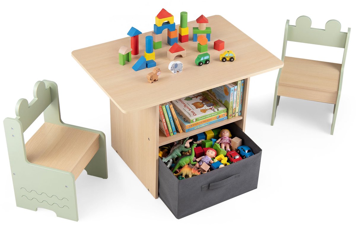 COSTWAY Kindertafel met 2 Stoelen in Krokodilvorm, 3-delig. Kindersitzgroep van Hout met Opbergruimte & Stoffen Lade, Activiteitentafel, Schildertafel Kinderkamer voor Kinderen vanaf 3 jaar (Groen)